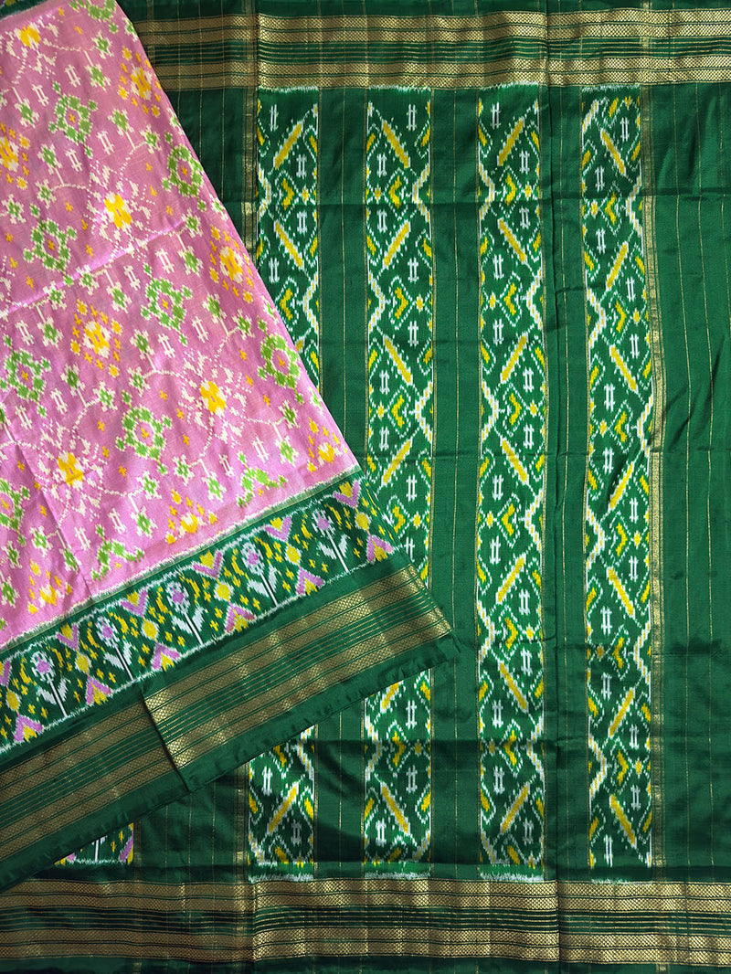 Pink and Green Pochampally Pure Silk Handloom Saree in Patola Pattern