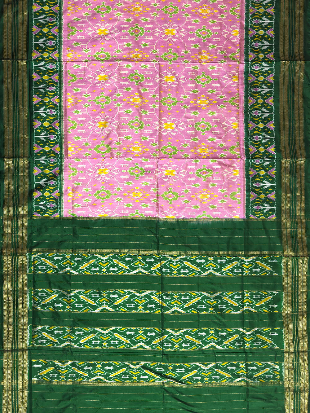 Pink and Green Pochampally Pure Silk Handloom Saree in Patola Pattern