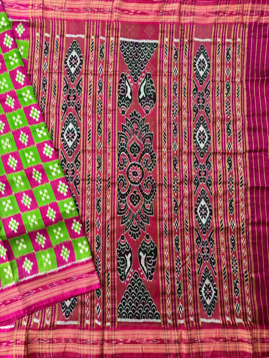 Pink and Green Pure Silk Handloom Khandua Patta Saree with Pasapalli Design