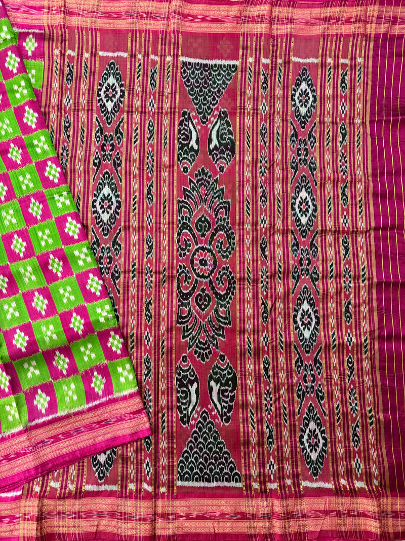 Pink and Green Pure Silk Handloom Khandua Patta Saree with Pasapalli Design