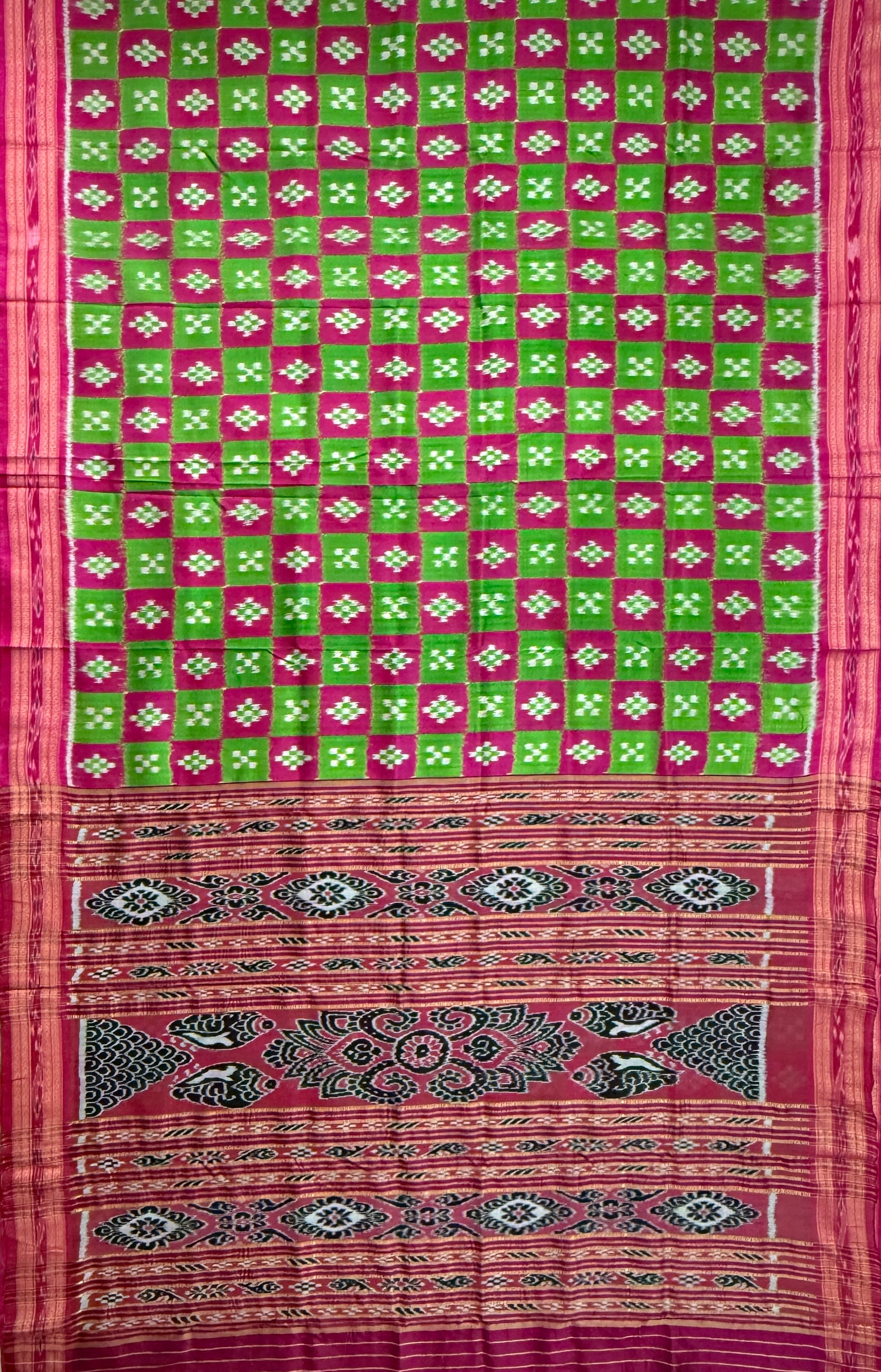 Pink and Green Pure Silk Handloom Khandua Patta Saree with Pasapalli Design