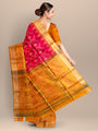 Coral Pink and Yellow Ikkat Pattern Pure Soft Silk Handloom Saree