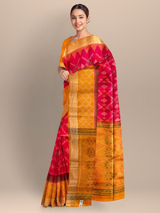 Coral Pink and Yellow Ikkat Pattern Pure Soft Silk Handloom Saree