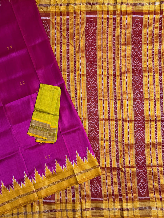 Pink and Yellow Pure Silk Handloom Khandua Patta Saree