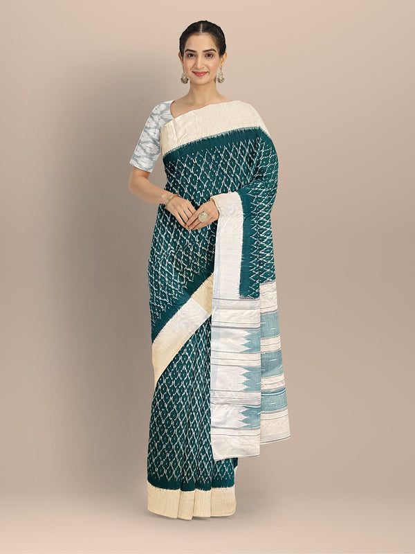 Green and White Pochampally Mercerised Cotton Handloom Saree in Ikkat Pattern