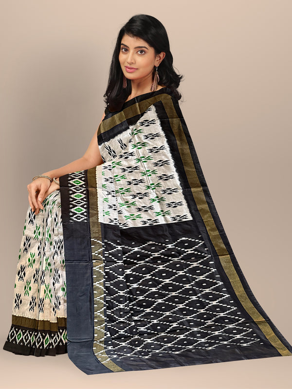 Grey and Black Pochampally Pure Silk Handloom Saree in Ikkat Pattern