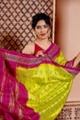 Lemon Yellow and Magenta Pochampally Pure Silk Handloom Saree in Ikkat Pattern