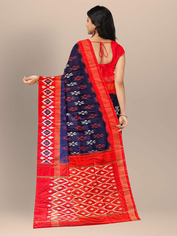 Navy Blue and Red Pochampally Pure Silk Handloom Saree in Ikkat Pattern