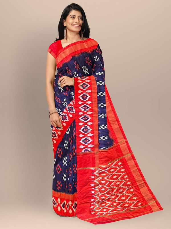 Navy Blue and Red Pochampally Pure Silk Handloom Saree in Ikkat Pattern