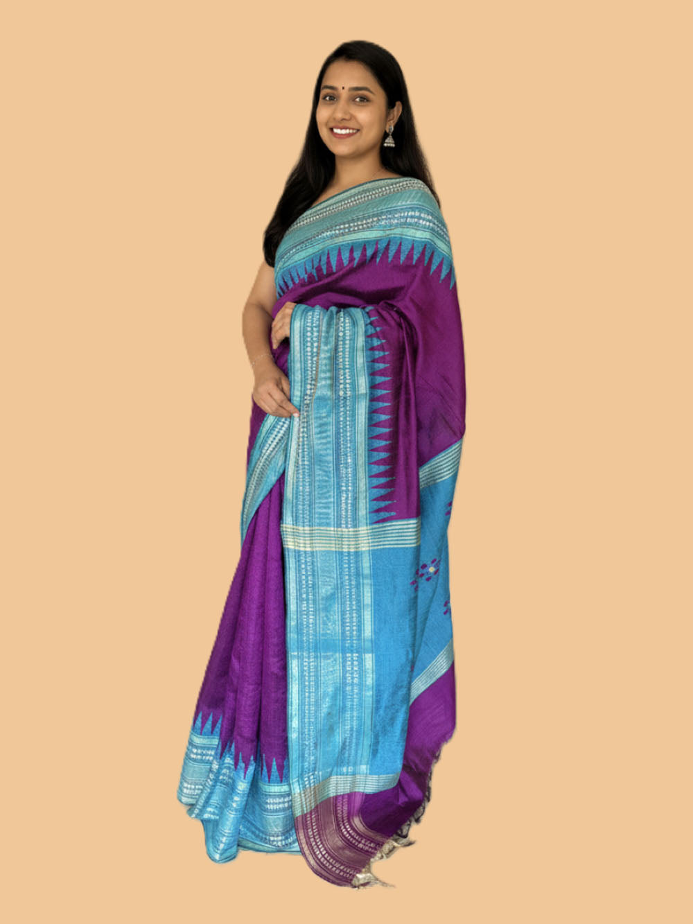 Purple and Turquoise Blue Pure Raw Silk Handloom Saree with Vidharva Border