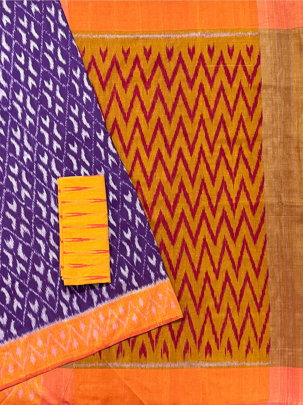 Purple and Orange Pochampally Mercerised Cotton Handloom Saree in Ikkat Pattern
