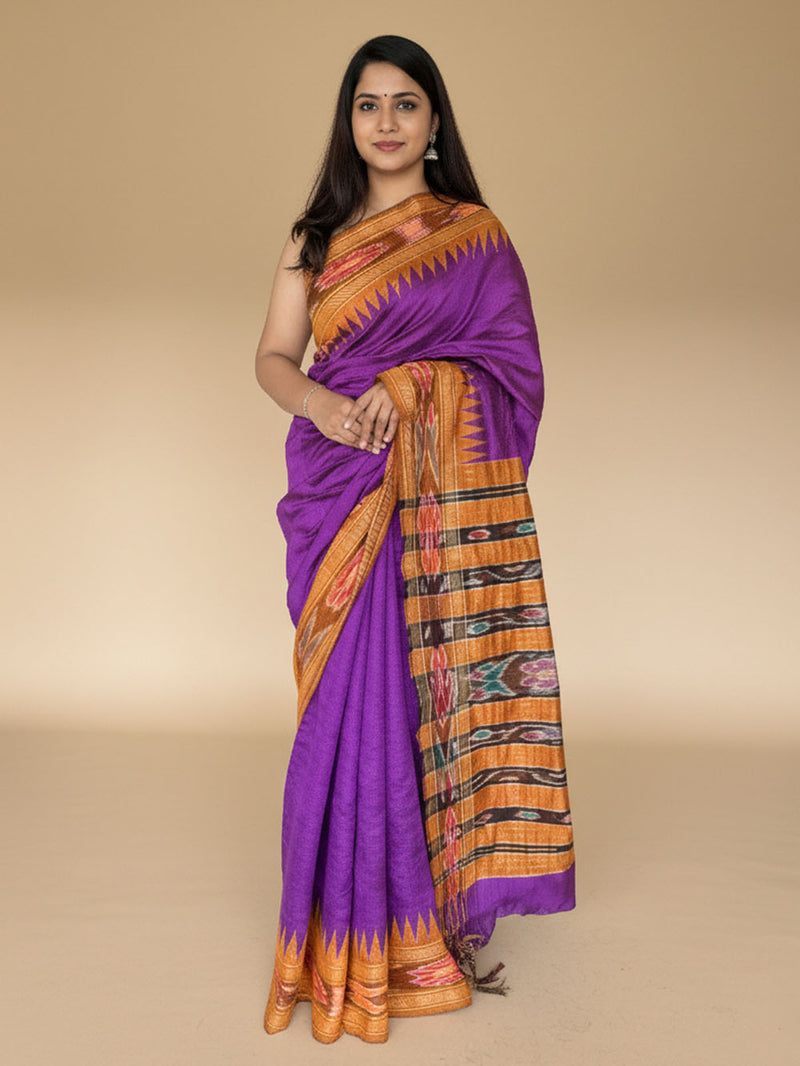 Purple and Orange Pure Raw Silk Handloom Saree with Ikkat Border