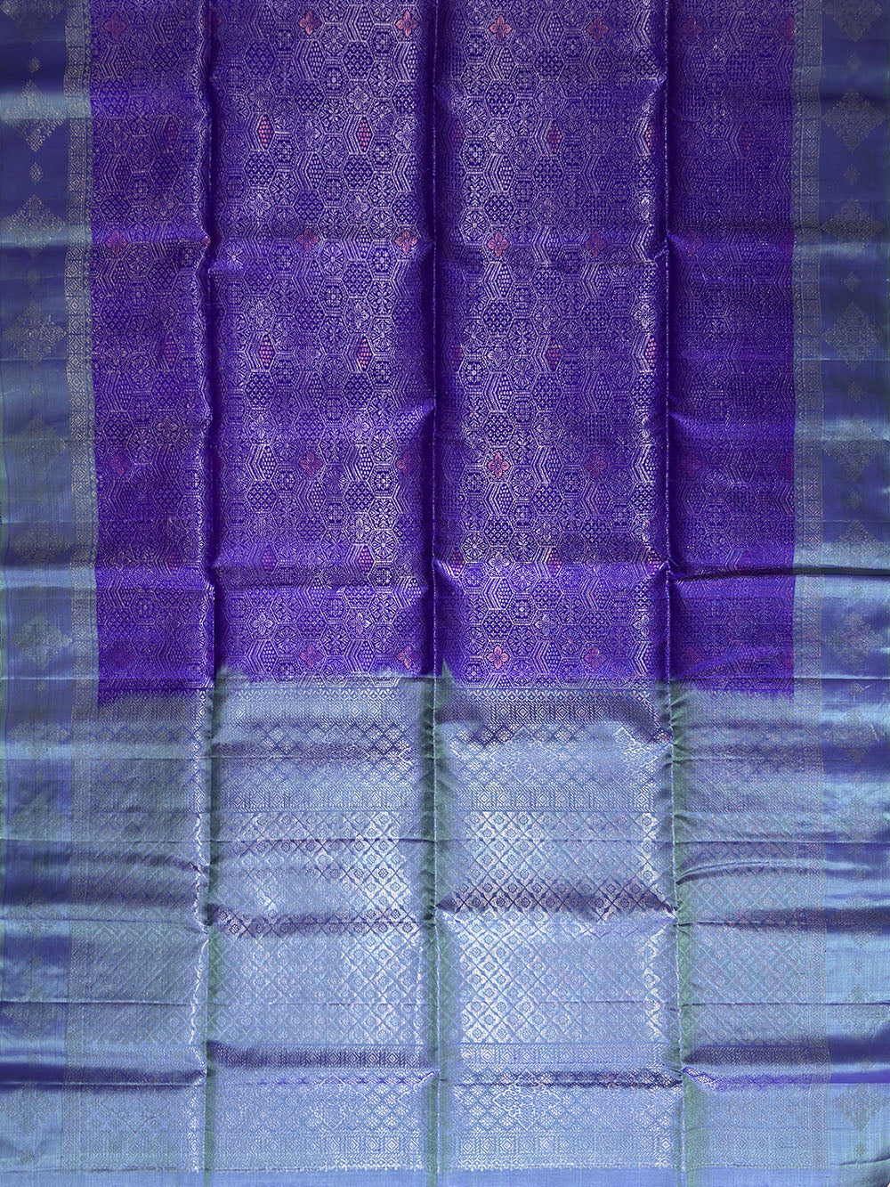 Purple and Sage Green All over Silver Zari Work Pure Soft Silk Handloom Saree