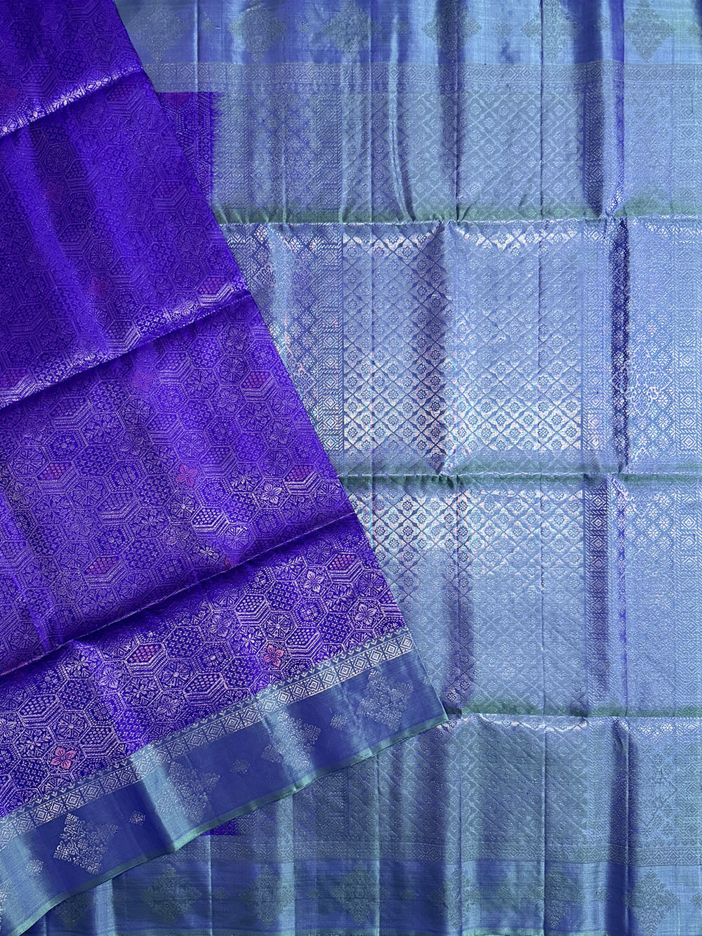 Purple and Sage Green All over Silver Zari Work Pure Soft Silk Handloom Saree