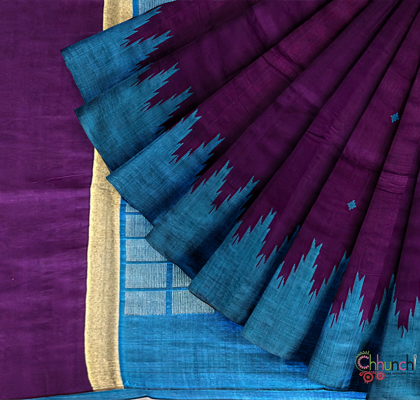 Purple and Turquoise Blue Pure Raw Silk Handloom Saree with Temple Border