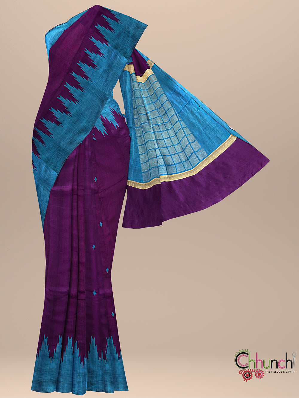 Purple and Turquoise Blue Pure Raw Silk Handloom Saree with Temple Border