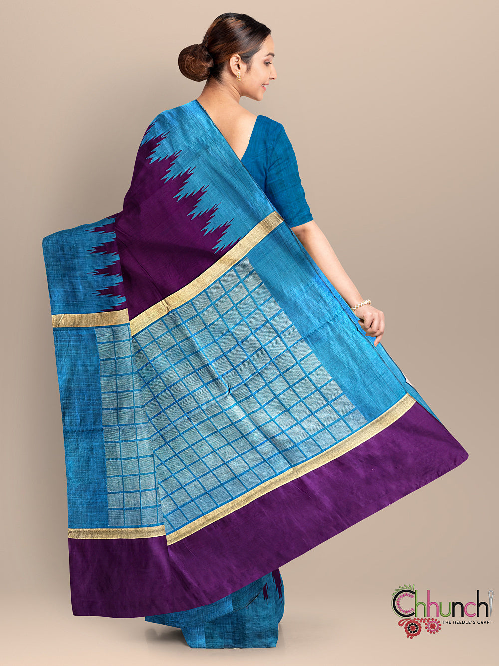 Purple and Turquoise Blue Pure Raw Silk Handloom Saree with Temple Border