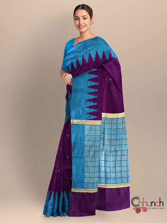 Purple and Turquoise Blue Pure Raw Silk Handloom Saree with Temple Border