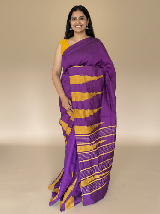 Purple and Yellow Pure Raw Silk Handloom Saree with Temple Border