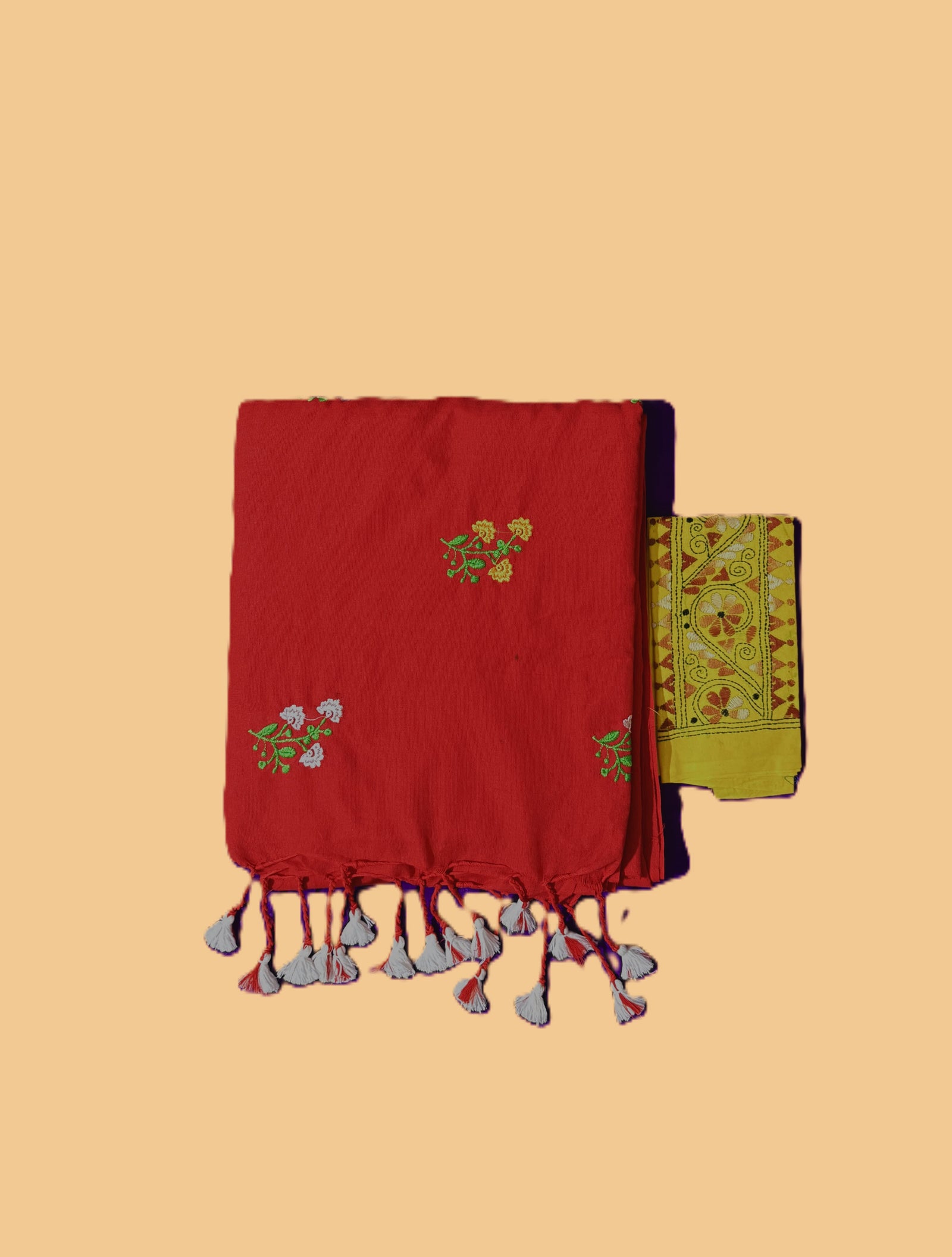 Red Cotton Handloom Saree with Yellow Contrast Kantha Stitch Blouse