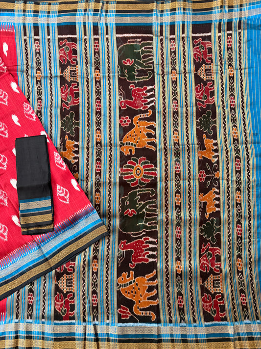 Red Kathiphera Pure Silk Handloom Khandua Patta Saree With Sankha Motifs