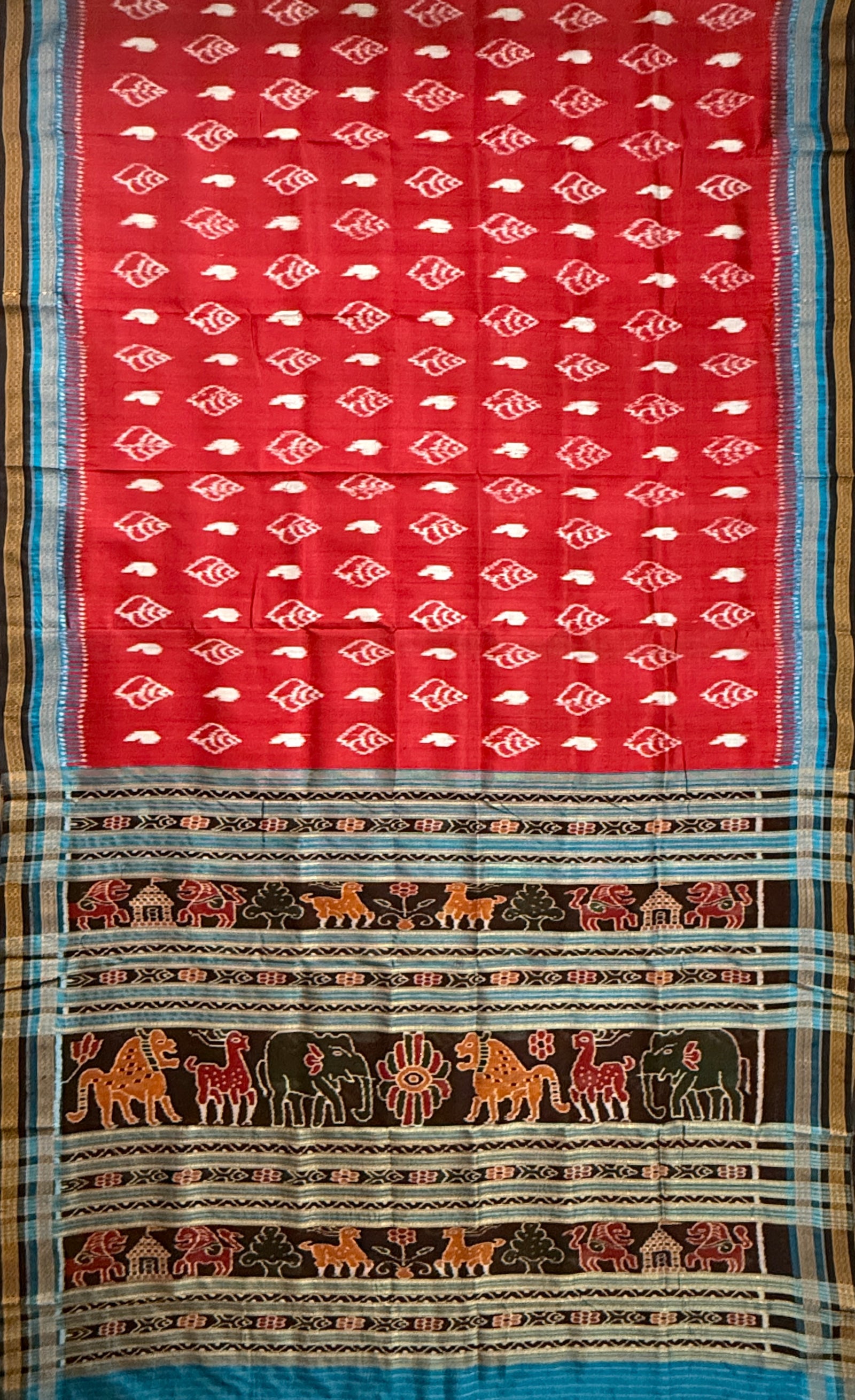 Red Kathiphera Pure Silk Handloom Khandua Patta Saree With Sankha Motifs