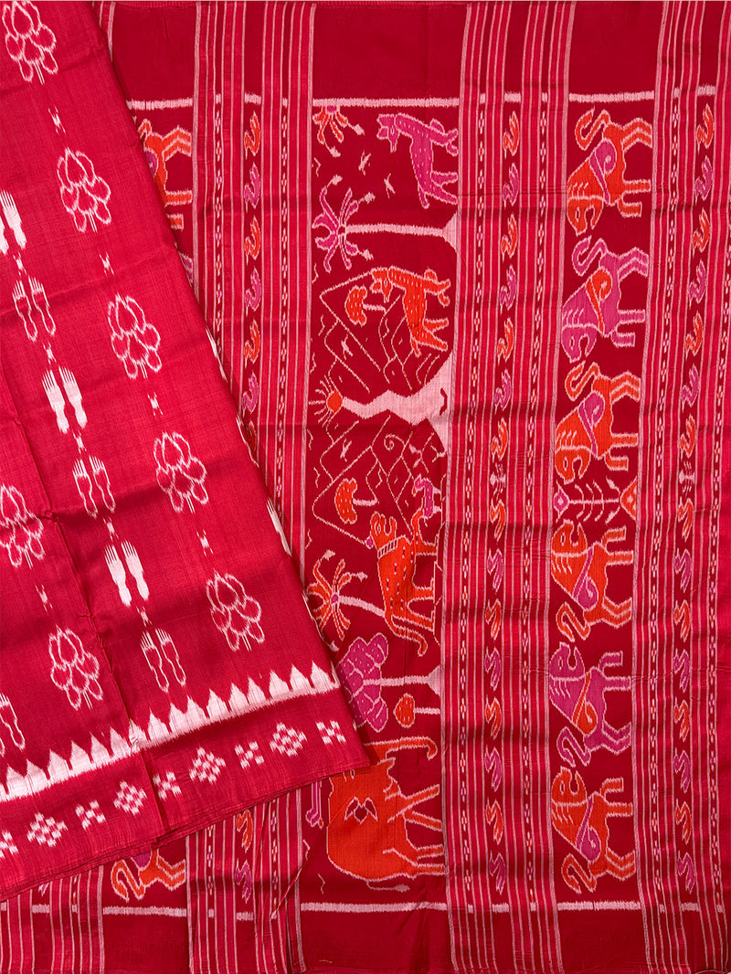 Red Pure Silk Handloom Khandua Patta Saree with Laxmipada Motifs