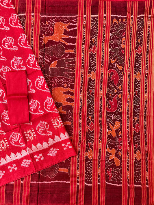 Red Sankha Pattern Pure Silk Handloom Khandua Patta Saree