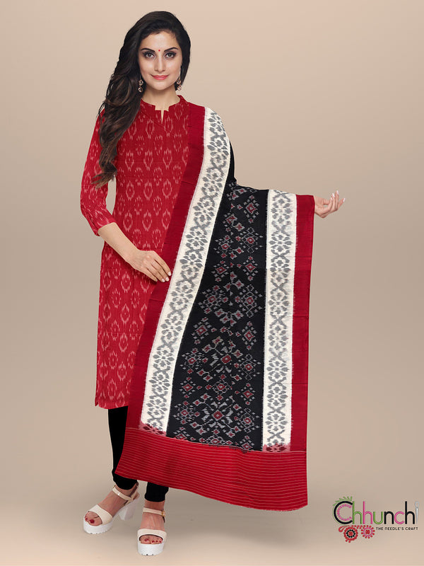 Red and Black Double Ikat Handloom Cotton Dress Material