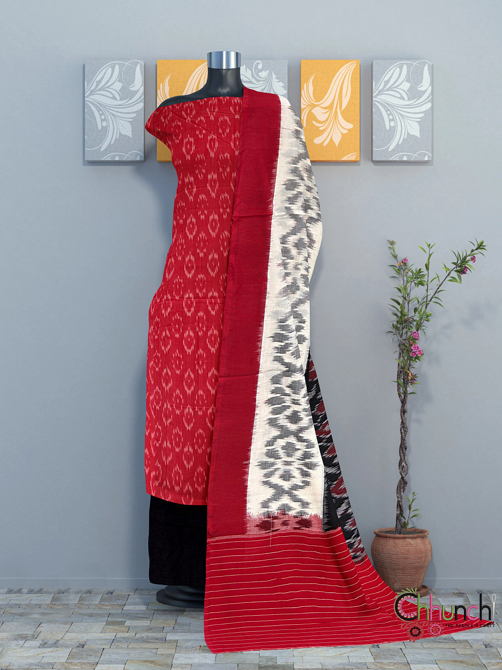 Red and Black Double Ikat Handloom Cotton Dress Material Chhunchi Red and Black Double Ikat Handloom Cotton Dress Material Chhunchi