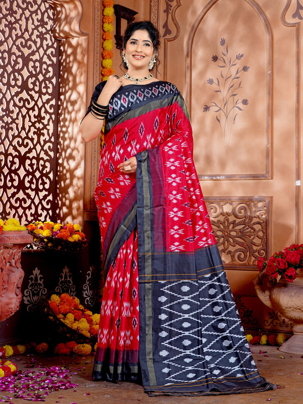 Red and Black Pure Silk Pochampally Handloom Saree in Ikkat Pattern