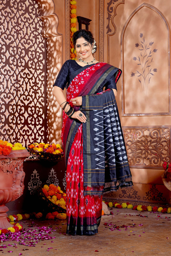 Red and Black Pure Silk Pochampally Handloom Saree in Ikkat Pattern