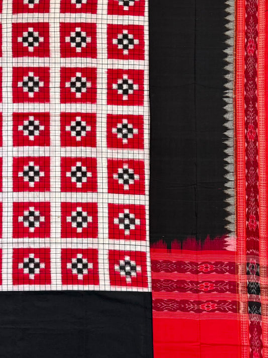 Red, White and Black Sambalpuri Handloom Cotton Dress Material with Pasapalli Pattern