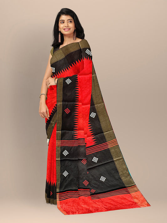 Red & Black Raw Silk Handloom Saree With Square Pattern Border