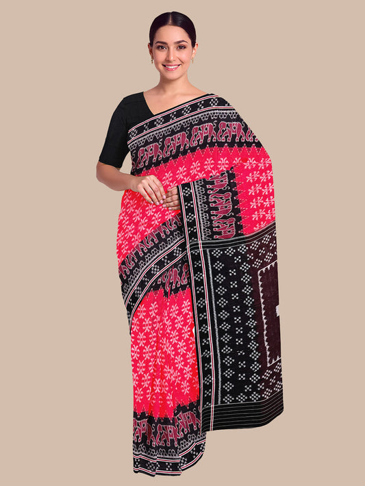 Red and Black Elephant Motif Handloom Cotton Sambalpuri Saree
