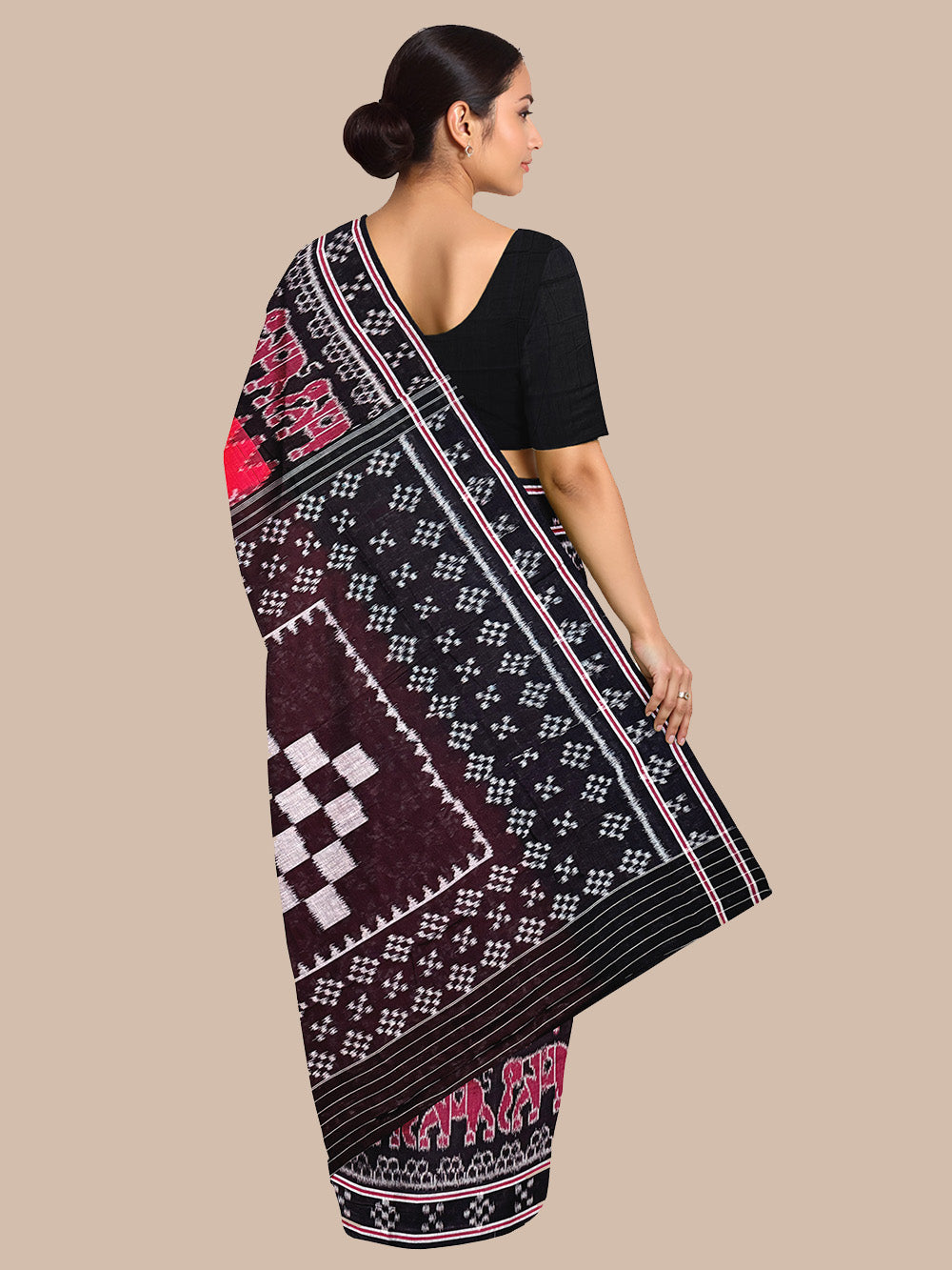 Red and Black Elephant Motif Handloom Cotton Sambalpuri Saree