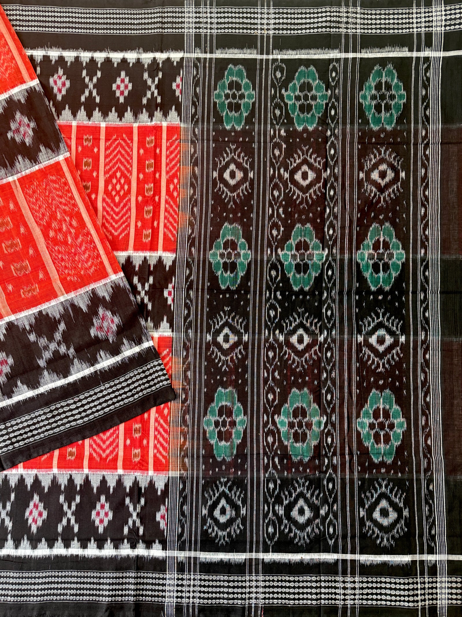 Red and Black Handloom Cotton Sambalpuri Saree with Pasapalli Motifs