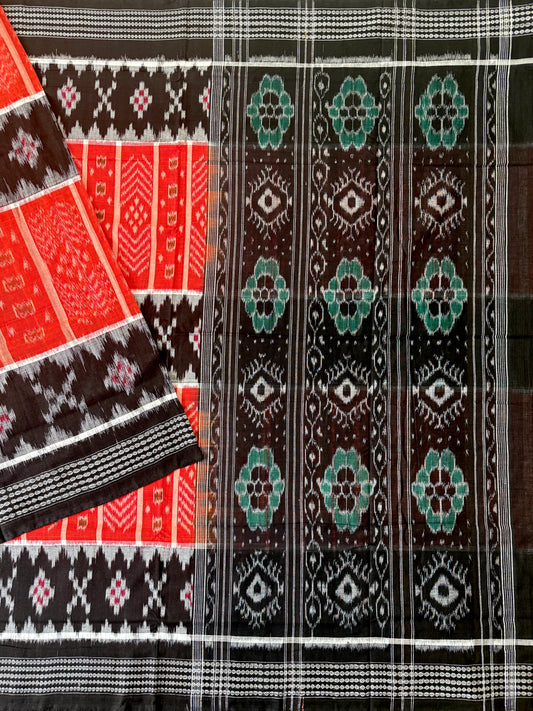 Red and Black Handloom Cotton Sambalpuri Saree with Pasapalli Motifs