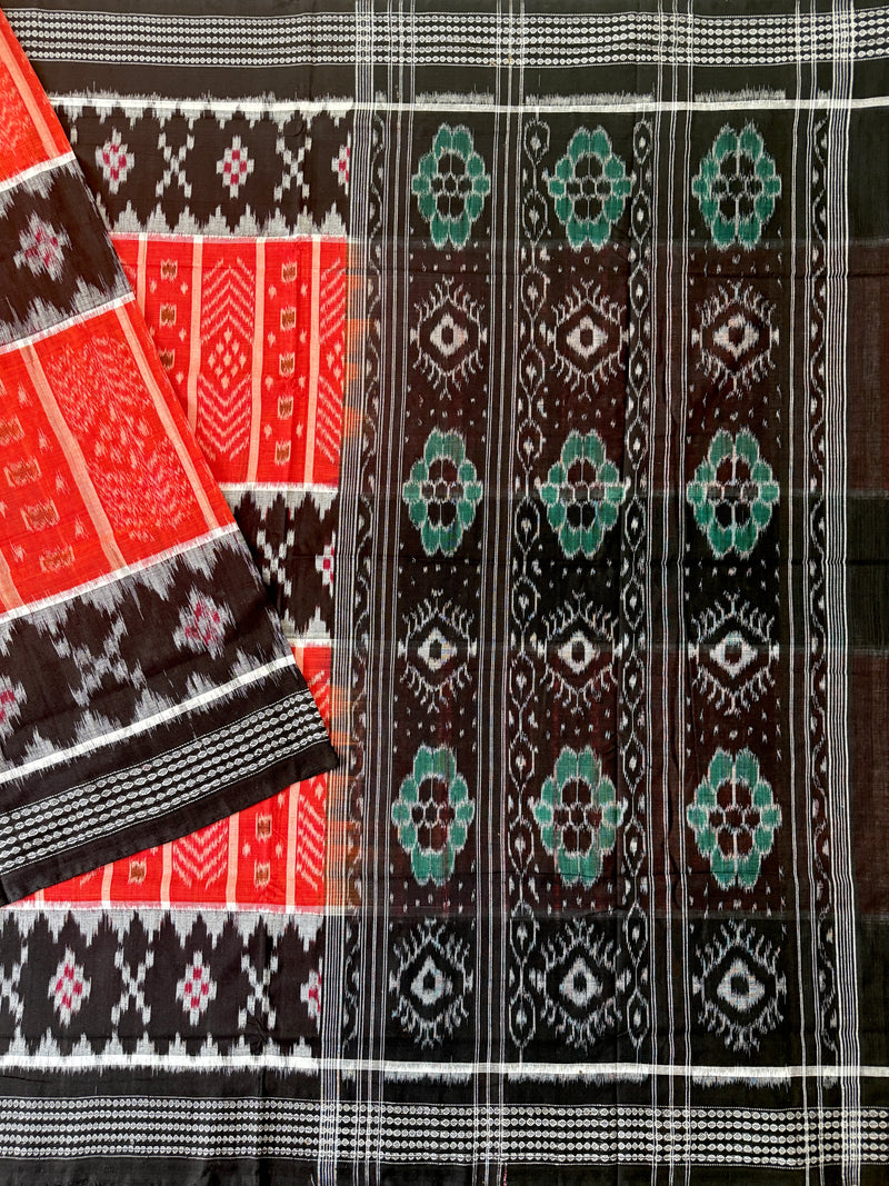Red and Black Handloom Cotton Sambalpuri Saree with Pasapalli Motifs