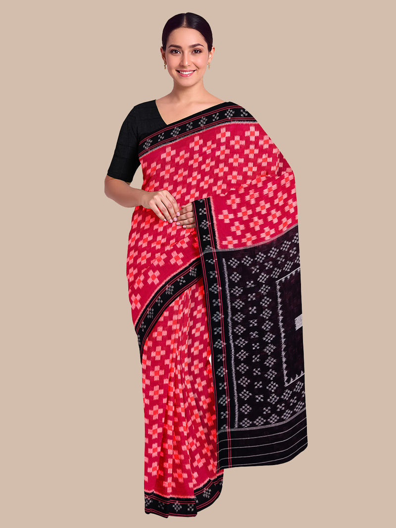 Red and Black Pasapalli Pattern Handloom Cotton Nuapatna Saree