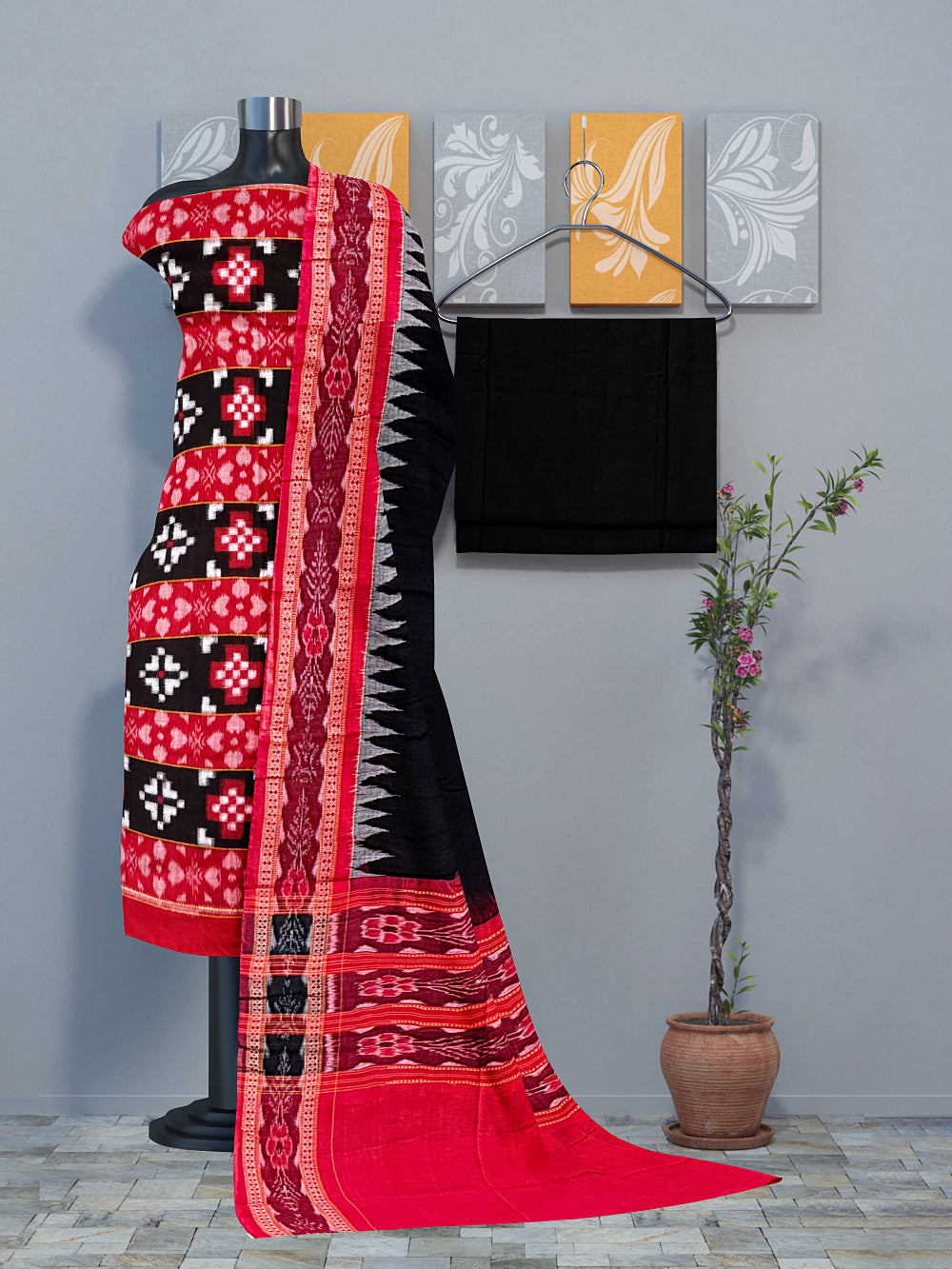 Red and Black Pasapalli Pattern Sambalpuri Handloom Cotton Dress Material