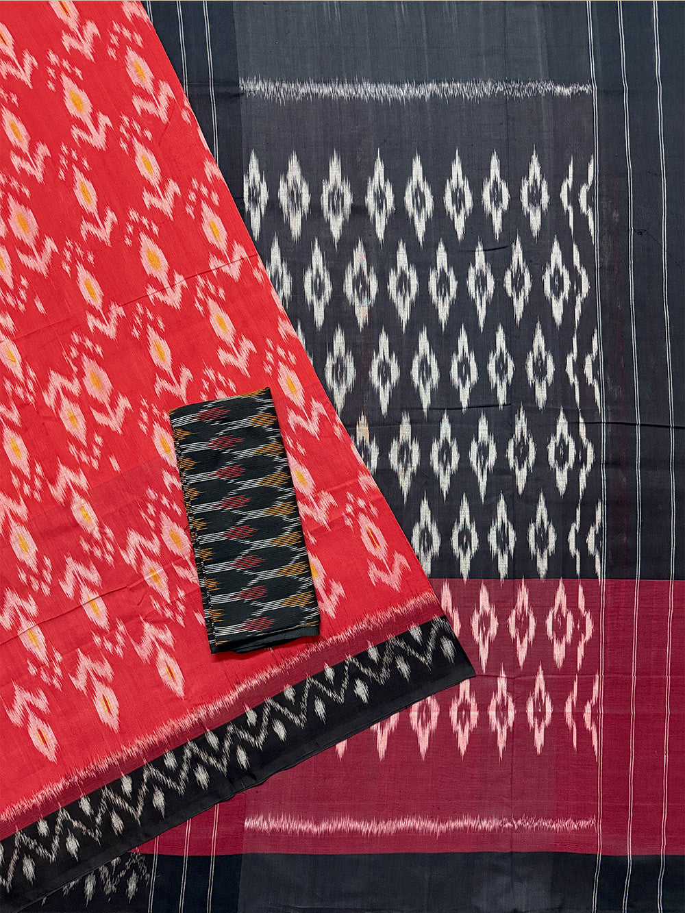 Red and Black Pochampally Mercerised Cotton Handloom Saree in Ikkat Pattern