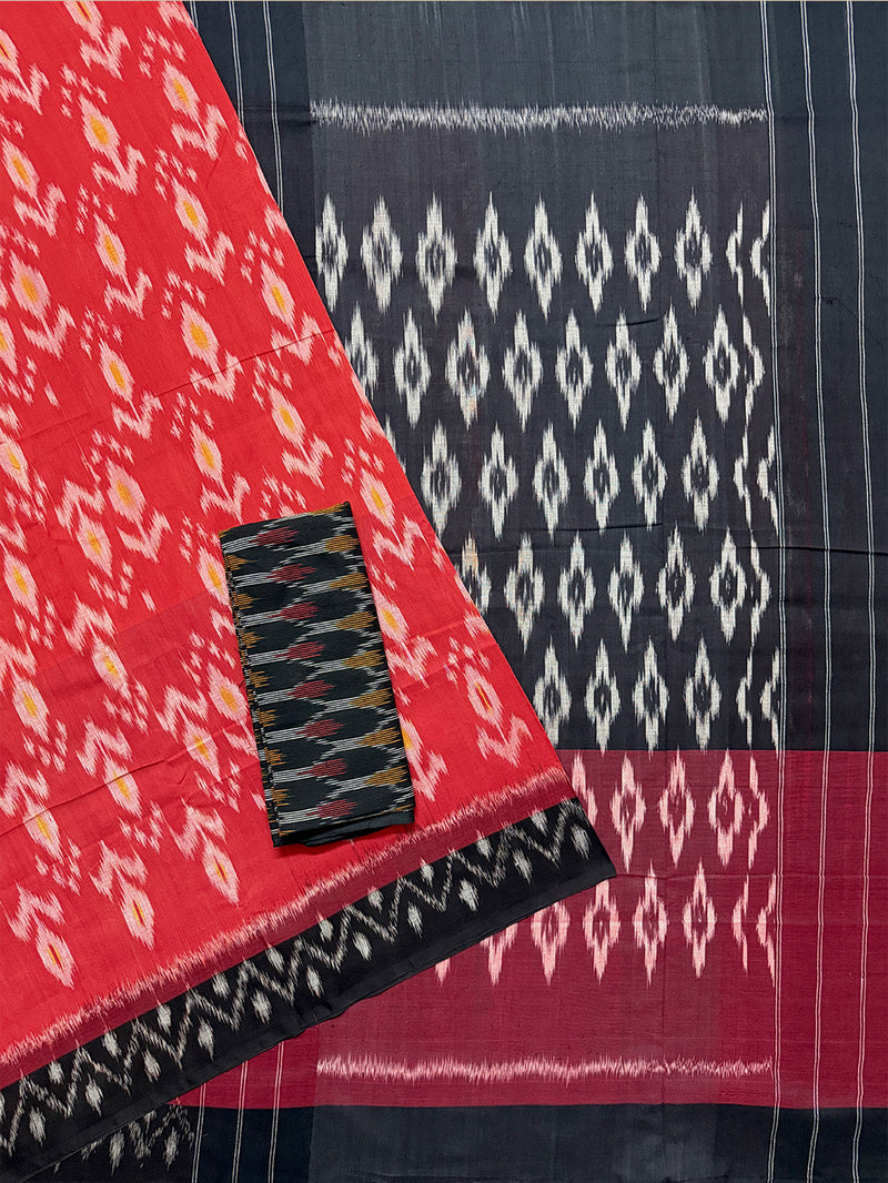 Red and Black Pochampally Mercerised Cotton Handloom Saree in Ikkat Pattern