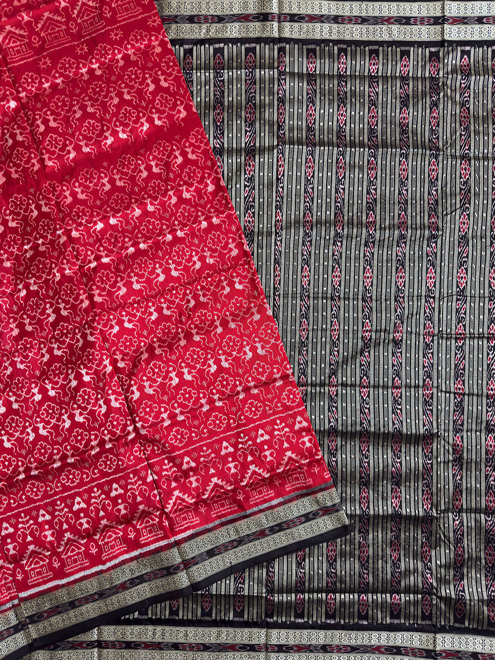 Red and Black Pure Sambalpuri Silk Handloom Saree