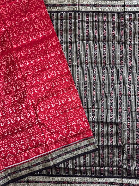 Red and Black Pure Sambalpuri Silk Handloom Saree
