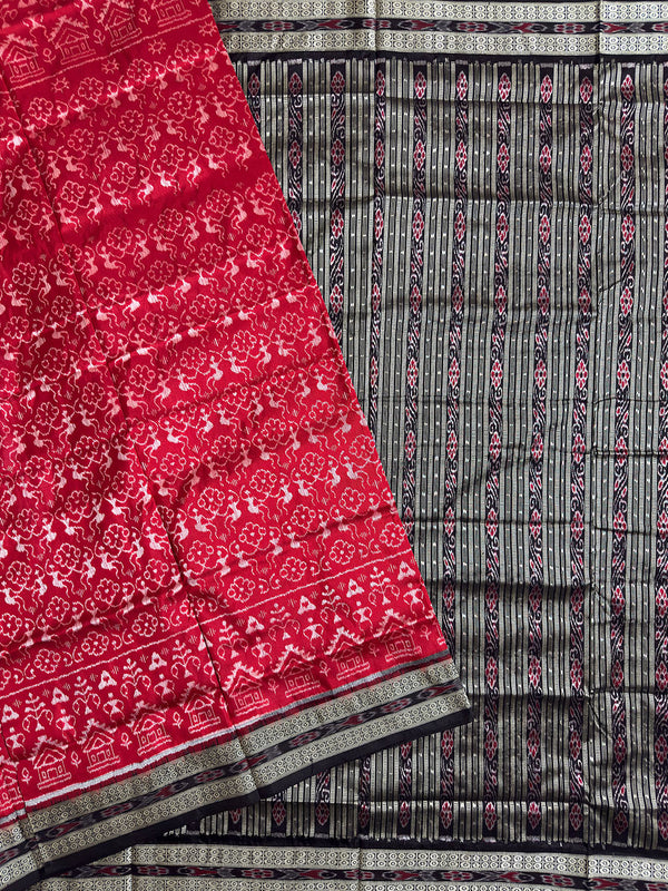 Red and Black Pure Sambalpuri Silk Handloom Saree