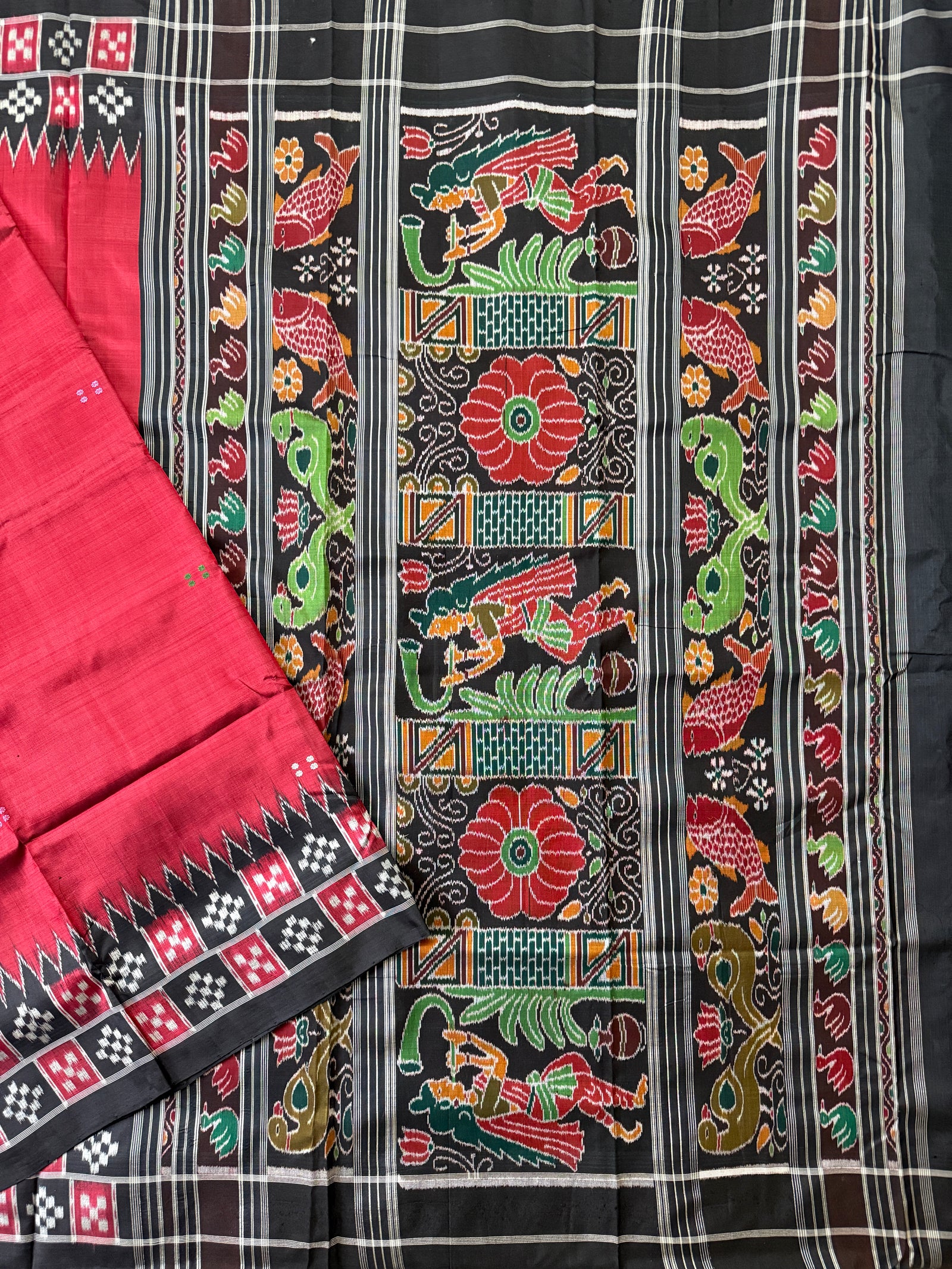 Red and Black Pure Silk Handloom Khandua Patta Saree with Pasapalli Border