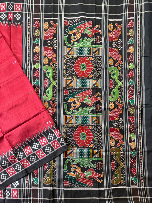 Red and Black Pure Silk Handloom Khandua Patta Saree with Pasapalli Border