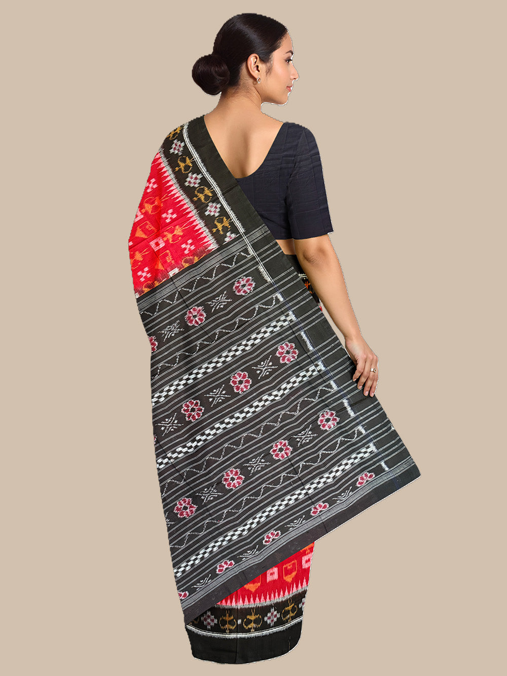 Red and Black Tribal Motif Sambalpuri Handloom Cotton Saree
