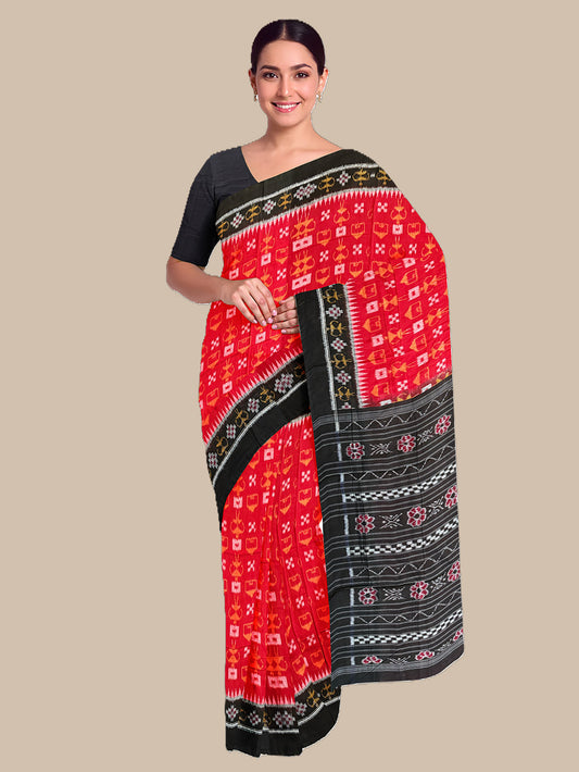 Red and Black Tribal Motif Sambalpuri Handloom Cotton Saree